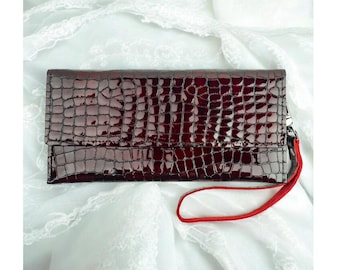 Long Leather Women Wallet Cherry Red Crocodile Embossed Black Bifold Clutch Minimalist Wallet Slimline Purse Womens Wallets