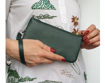 Cartera de mano de piel verde, negra y marrón para mujer, cartera de mano para mujer, monedero con tarjetero, monedero para mujer, regalo para esposa, bolso de noche