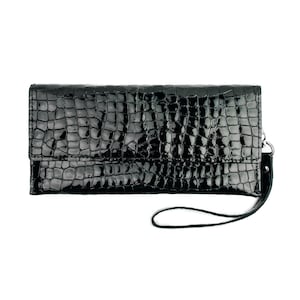 Carteira de couro com estampa de jacaré preto, carteira longa feminina, carteira dobrável com porta-cartão, bolso para moedas, bolsa clutch feminina fina para noite