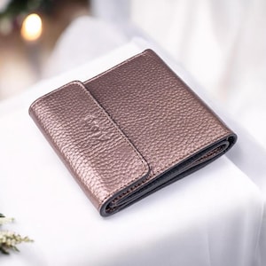 Geldbörse aus Leder in Metallic-Bronze, Gold und Silber für Damen, zweifach faltbar, minimalistisch, Kartenhalter, mittelgroße Damenhandtasche