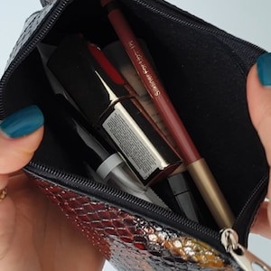 A multi coloured zippered pouch with a snake print. The pouch is open and contains a red lipstick, a black eyeliner, and a gold lip liner