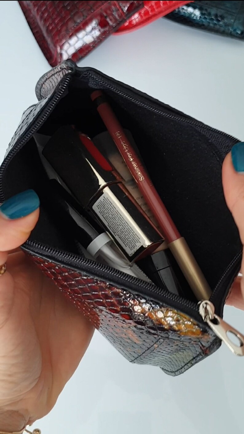 A multi coloured zippered pouch with a snake print. The pouch is open and contains a red lipstick, a black eyeliner, and a gold lip liner