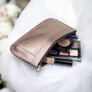 Metallic bronskleurige zilveren mini make-up tasje, klein leren etui voor in de handtas, chique make-up tasjes, vintage lippenstift etui, toilettasje, stijlvolle cosmetica tas