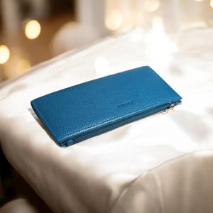 Light blue thin leather wallet for women long clutch with card holder coin cash bill pocket purse slimline large zipper wallets case
