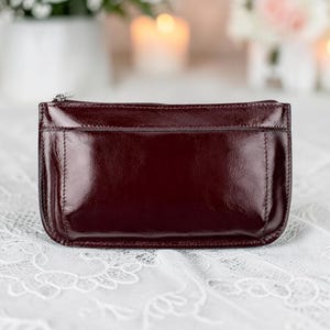 Djup körsbärsröd svart mini sminkväska liten läderpåse för handväska elegant vintage-stil läppstiftspåse necessär elegant kosmetikaorganisatör