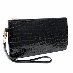 Cartera pequeña de charol negra con estampado de cocodrilo para mujer, tarjetero, monedero, monedero con asa y accesorios.
