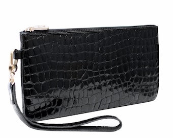 Petit portefeuille long pour femme en cuir imprimé croco avec fermeture éclair croco