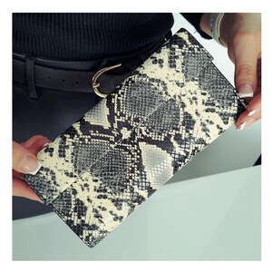 Cartera de cuero gris para mujer, tarjetero, monedero, billetes, billetera plegable larga para mujer, monedero grande con estampado animal para mujer, multicolor
