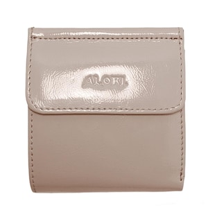 Cartera pequeña beige para mujer, cartera pequeña de piel patentada, monedero fino para mujer con tarjetero, bolsillo para monedas y bolsillo para cambio, carteras triples brillantes