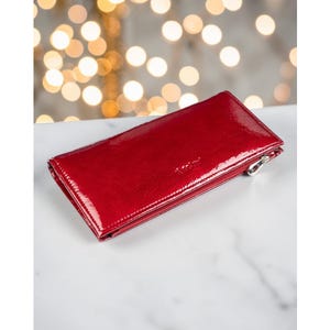 Cartera magnética de charol rojo con efecto 3D para mujer, larga, fina, suave, plegable, de lujo, tamaño mediano