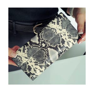 Grey long leather bifold wallet snake print accordion large purse with credit card slots