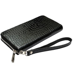 Cartera negra con estampado de cocodrilo para mujer, cartera de piel para mujer, cartera de piel con cremallera, tarjetero, monedero, billetes, cartera de mano