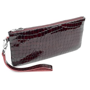 Carteira fina feminina cor de vinho, couro envernizado com estampa de crocodilo, carteira fina para mulheres, carteira feminina vermelha cereja com porta-cartões e bolso para moedas