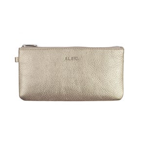 Goldfarbene kleine lange dünne Ledergeldbörse schlank, weicher Damen Geldbeutel mit Reißverschluss, Kartenhalter, Münzfach, Mini-Clutch für Frauen
