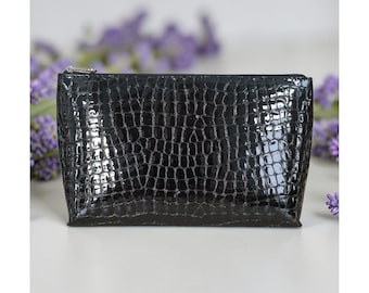 Mid size leather makeup bag women trendy pouch toiletry bag vanity case clutch large cosmetic organizer croc effect lipstick boxy brush bags