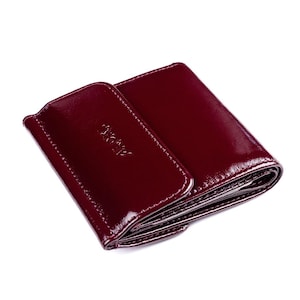 Kersenrode kleine leren patentportemonnee Damesportemonnee met kaarthouder broekzak dubbelgevouwen wijnportemonnee kleingeldzak mini bordeaux voor dames