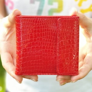Cartera de charol rojo con estampado de cocodrilo, Mini clutch, Mini cartera para mujer, Monedero pequeño plegable, Monedero cuadrado, Monedero pequeño para mujer con bolsillo para cambio
