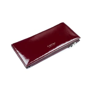 Cherry red thin leather wallet for women long slim womens clutch with change card holder cash coins pocket purse burgundy ladies bill zip