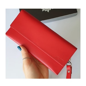 Cartera plegable larga de piel roja lisa para mujer, monedero con botón, tarjetero, monedero, elegante y delgada, organizadora de efectivo.