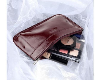 Cherry red beige black mini makeup bag small leather pouch for purse fancy makeup bags vintage lipstick pouch toiletry chic cosmetic case