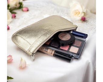 Metallic Gold Bronze Silver small leather makeup bag mini pencil lipstick brush zip pouch for purse cute vanity case vintage style
