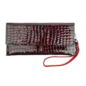 Portafoglio in pelle rosso ciliegia con stampa coccodrillo per donna, portamonete lungo in vernice, porta carte, porta monete, pochette bordeaux con bottone automatico da donna