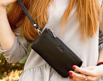 Black green brown big Grained Leather Wallet large Clutch Large Zip Around Purse for women