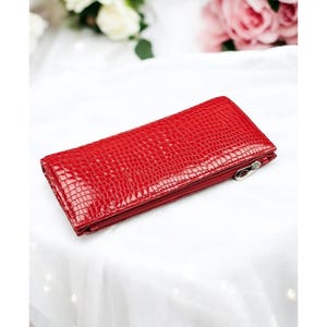 Felrode leren portemonnee met krokodillenprint voor dames slanke damesportemonnee dubbelgevouwen clutch enveloptasje