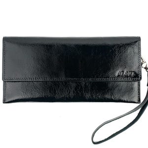 Portafoglio da donna in vernice nera con porta carte, tasca porta monete, portafoglio bifold da donna con monete, portafoglio sottile da sera