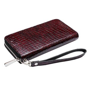 Cartera con estampado de pitón burdeos para mujer, monedero grande de piel para mujer, cartera con cremallera, cartera de mano color rojo cereza para mujer, tarjetero, monedero, monedero.