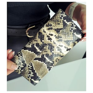 Olive Long leather bifold wallet snake print accordion large purse with credit card slots