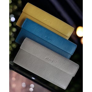 Blau gelb graue Leder Brieftasche Damen Geldbörse Kartenhalter Biil Münzfach bifold Brieftaschen für Frauen Damen große weiche schlanke Akkordeon Clutch