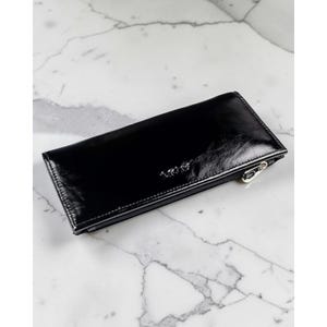 Black long patent leather wallet, slimline envelope wallet for women, thin bifold pouch