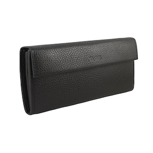 Portefeuilles noirs à deux volets pour femmes, portefeuilles longs en cuir grainé pour femme, pochette élégante pour femme avec poche pour la monnaie et porte-cartes