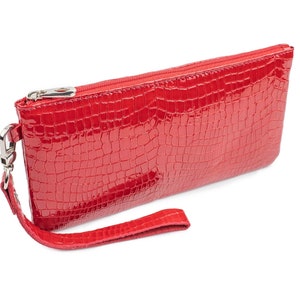 Cartera pequeña roja de charol con asa, con estampado de cocodrilo, para mujer, monedero, tarjetero, monedero, monedero pequeño, cartera de mano para mujer