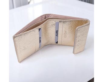 Gold mid size grained leather wallet for women ladies purse small cardholder magnetic closure metallic golden womens wallets designer