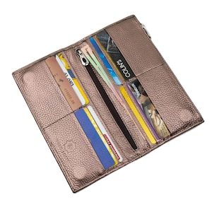 Cartera de mujer de piel color bronce metalizado con imanes, cartera plegable para mujer con tarjetero, bolsillo para monedas, cartera de mano larga y delgada con cremallera para mujer