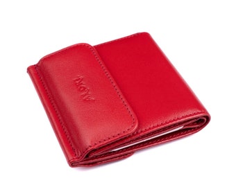 Cartera de piel lisa roja, monedero para mujer, tarjetero con bolsillo para monedas, pequeña cartera triple, billetera cuadrada pequeña con bolsillo