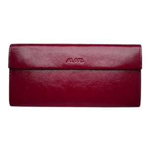 Carteira feminina de couro vermelho cereja, bolsa básica dobrável, carteira longa para mulheres com bolso magnético para troca, porta-cartões de crédito, clutch minimalista