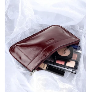 mini neceser rojo cereza, pequeño estuche de cuero para bolso de mujer, bolsos pequeños, neceser vintage para pintalabios, neceser delgado, estuche de cosméticos elegante y bonito