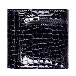Black, textured wallet with a glossy finish. The wallet has a zipper pocket on the front and a crocodile skin pattern. The zipper pull is silver. The wallet is square and to be made of leather.