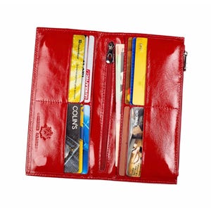 Cartera de charol roja para mujer, cartera larga y fina de piel con bolsillo para cambio, cartera con tarjetero, monedero, cartera plegable, cartera para billetes