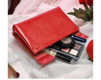 Leather Makeup Bag, Cosmetic Bag, Travel Makeup Bag, Women Toiletry Bag, Cosmetic Sleeve Case, Medium Size Makeup Bag, Cosmetic Sleeve