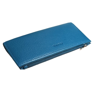 Portefeuille bleu en cuir grainé pour femme, pochette longue et fine avec poche pour la monnaie, portefeuille avec porte-cartes, poche monnaie, porte-monnaie à deux volets