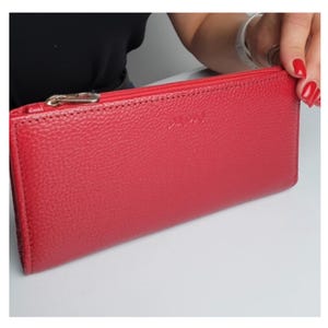 Red womans thin wallet genuine grained leather minimalist Slim long ladies wallet bifold soft wallet with card holder coin pocket for womens