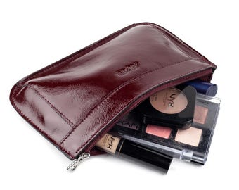 Cherry red beige xsmall patent  leather minimalistic makeup case for women pouch burgundy vintage style make up bags cosmetic small box mini