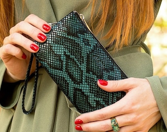 Cartera de piel con estampado de pitón verde para mujer Cartera de piel para mujer Monedero de piel con cremallera Cartera de mano para mujer Tarjetero y monedero Cartera de mujer
