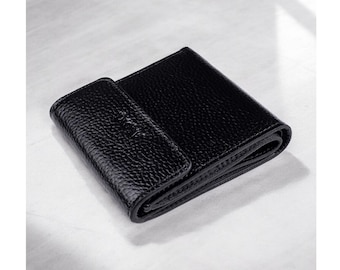 Small black leather bifold unisex wallet magnetic closure with coin bill pocket credit card holder