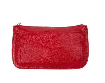 Cherry red beige xsmall grained leather minimalistic makeup case for women pouch vintage style make up bags cosmetic girly small box mini