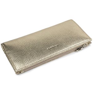Metallic gold grained leather women wallet long slim clutch change card holder cash pocket bifold purse magnet golden ladies bill wallet